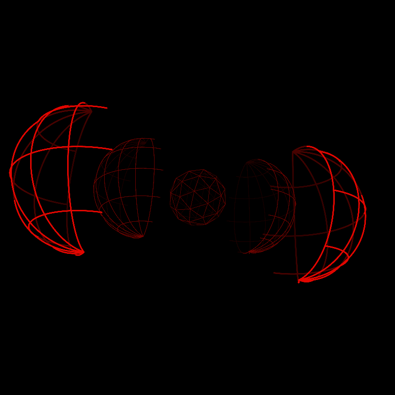 Wireframe sphere opened into its three layers: shape, prove, scale